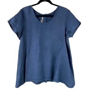 Flax 100% Linen Short Sleeve Tunic Top Size S Blue Button Back Lagenlook
